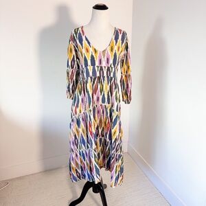 LA PLAGE Watermill XS Midi Dress Woven Ikat Boho Cottagecore Baby Bump Friendly